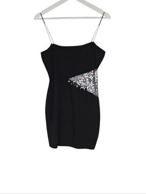 Y2K Black Mini Dress with Sequin Sheer Mesh  Side Party Cocktail Going Out Dress